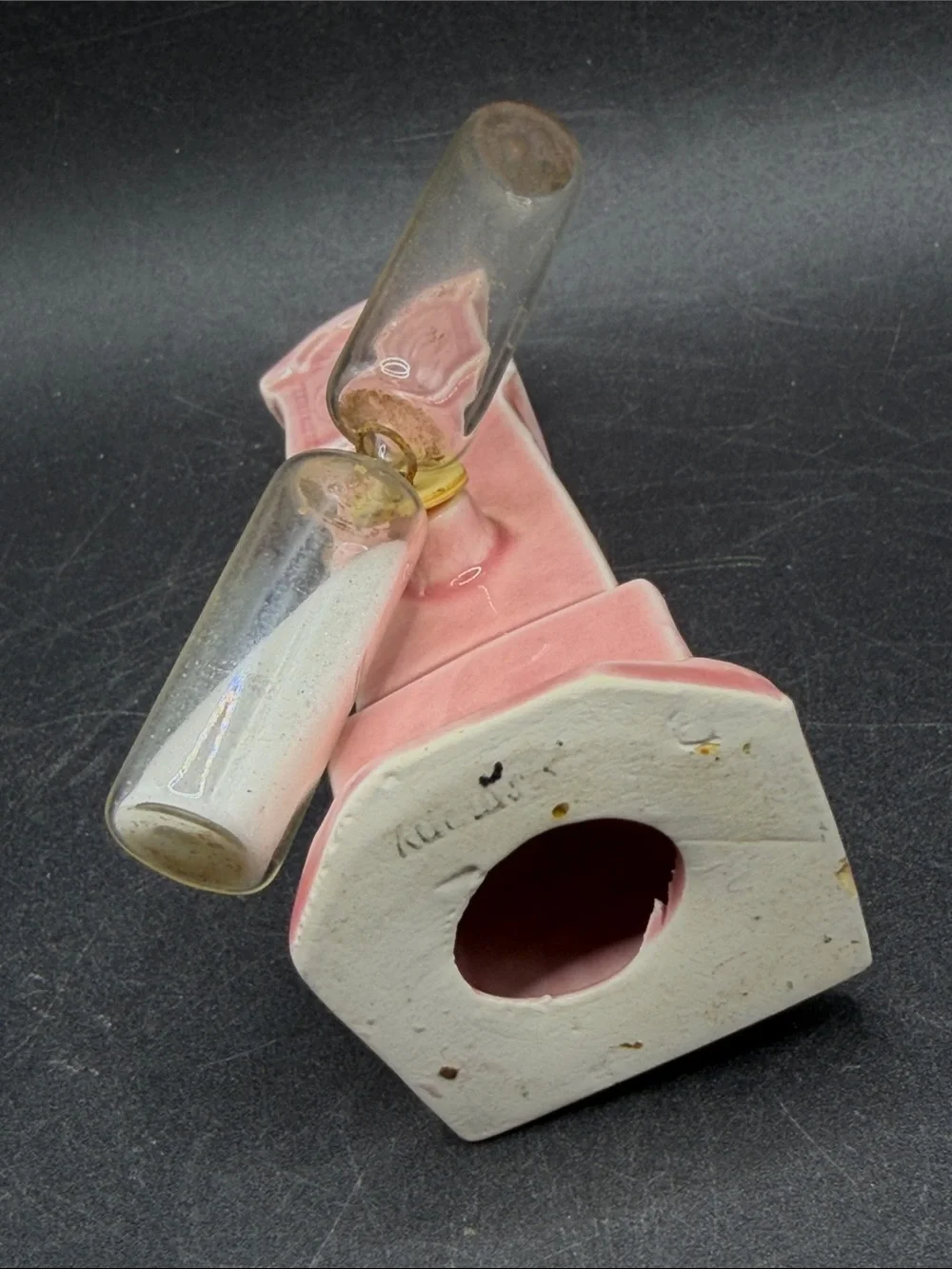 Vintage German Pink Grandfather Clock Figure Ceramic Time Keeper Hourglass Decor